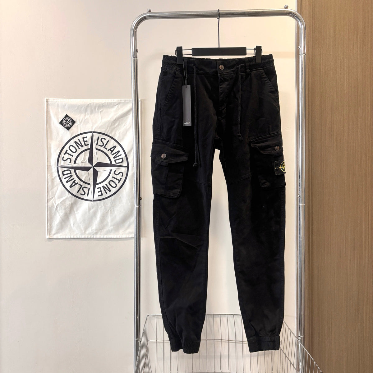 Stone Island Garment-Washed Cargo Jogger Pants with Compass Badge