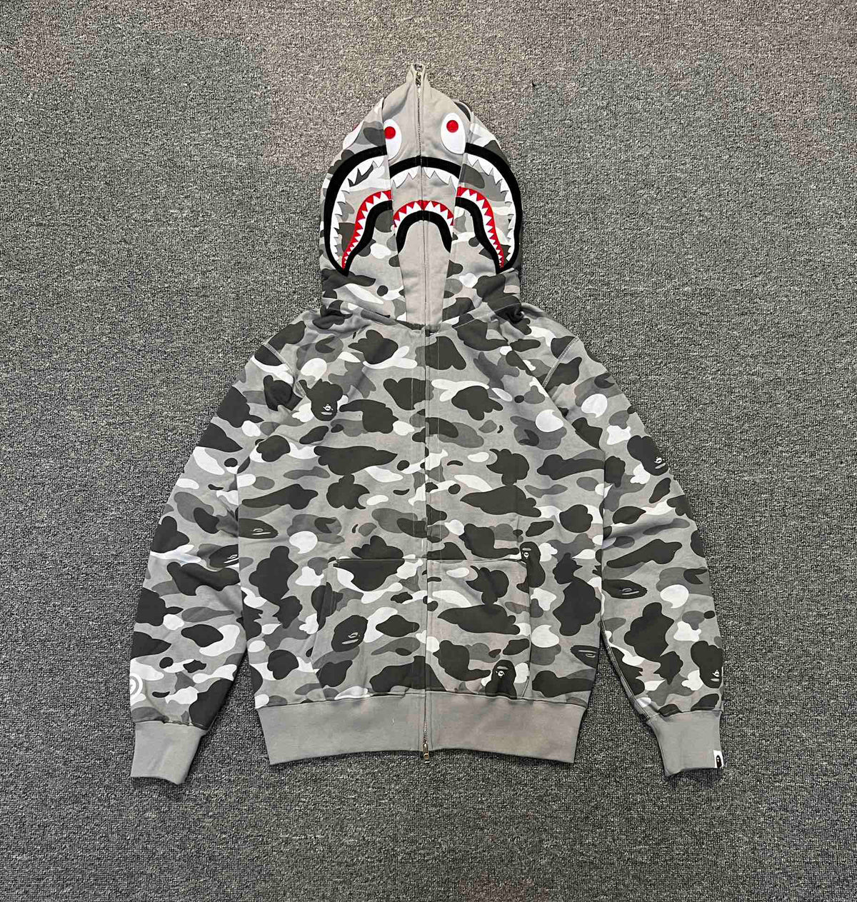 BAPE WGM Shark Full-Zip Double Hood Hoodie — City Camo Gray / Forest Green ABC Camo