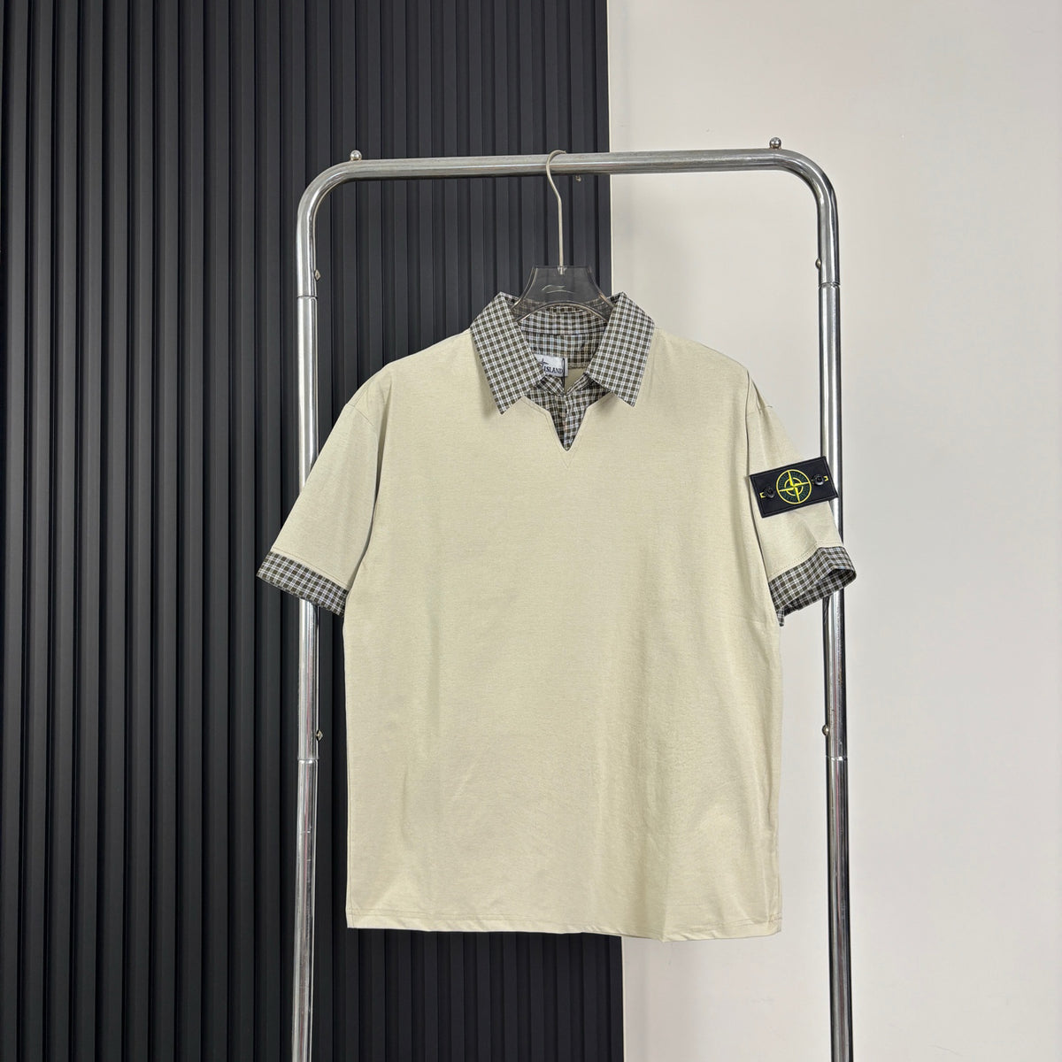 Stone Island Faux Two-Piece Short Sleeve Top with Gingham Collar
