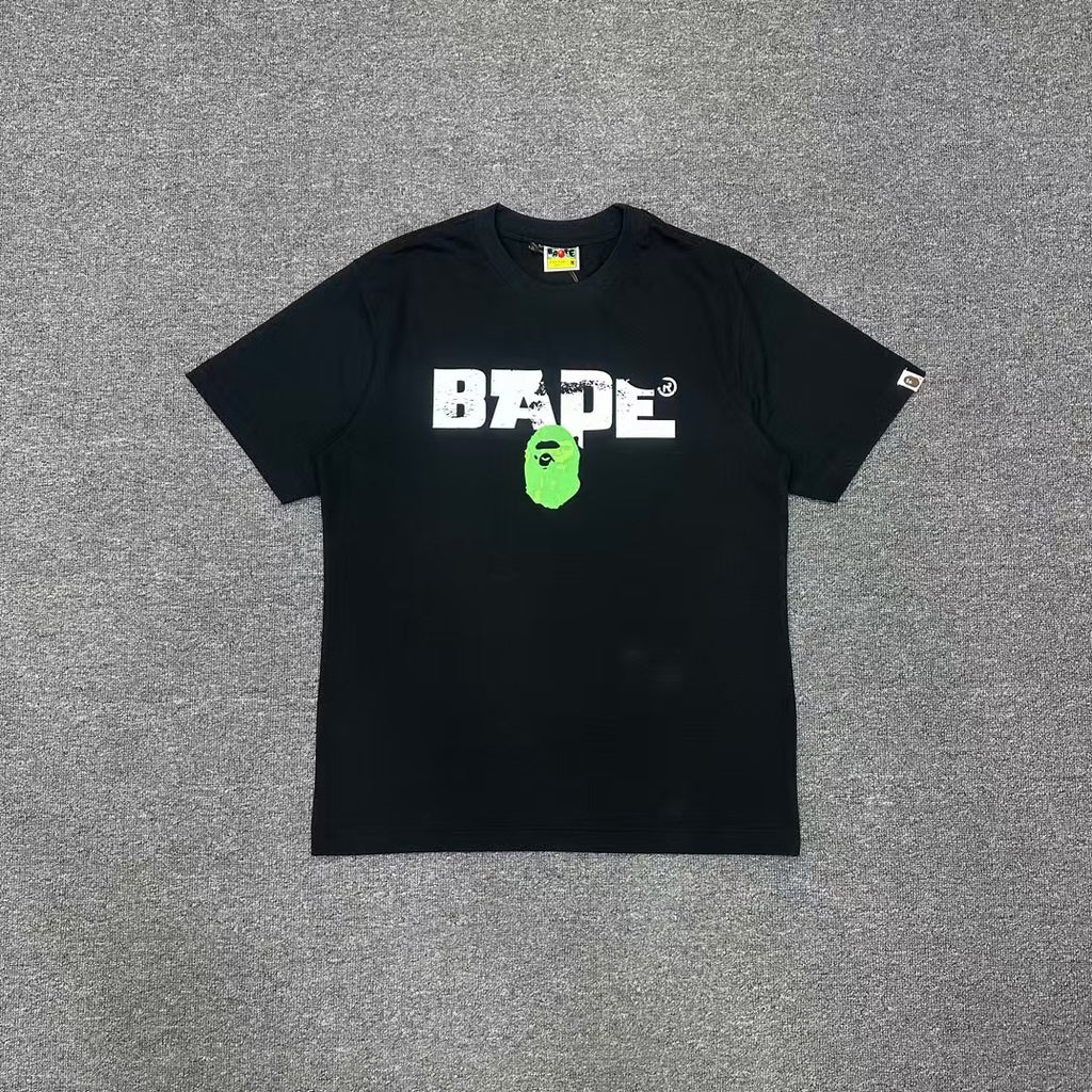 BAPE SS25 Ape Head Interlocking Distressed Block Logo & Neon Green Army Squad Back Print Oversized Heavyweight Unisex T-Shirt