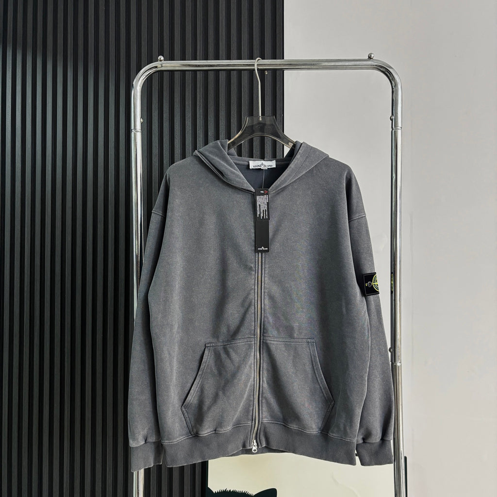 Stone Island Washed Zip-Up Hoodie with Purple Compass Badge