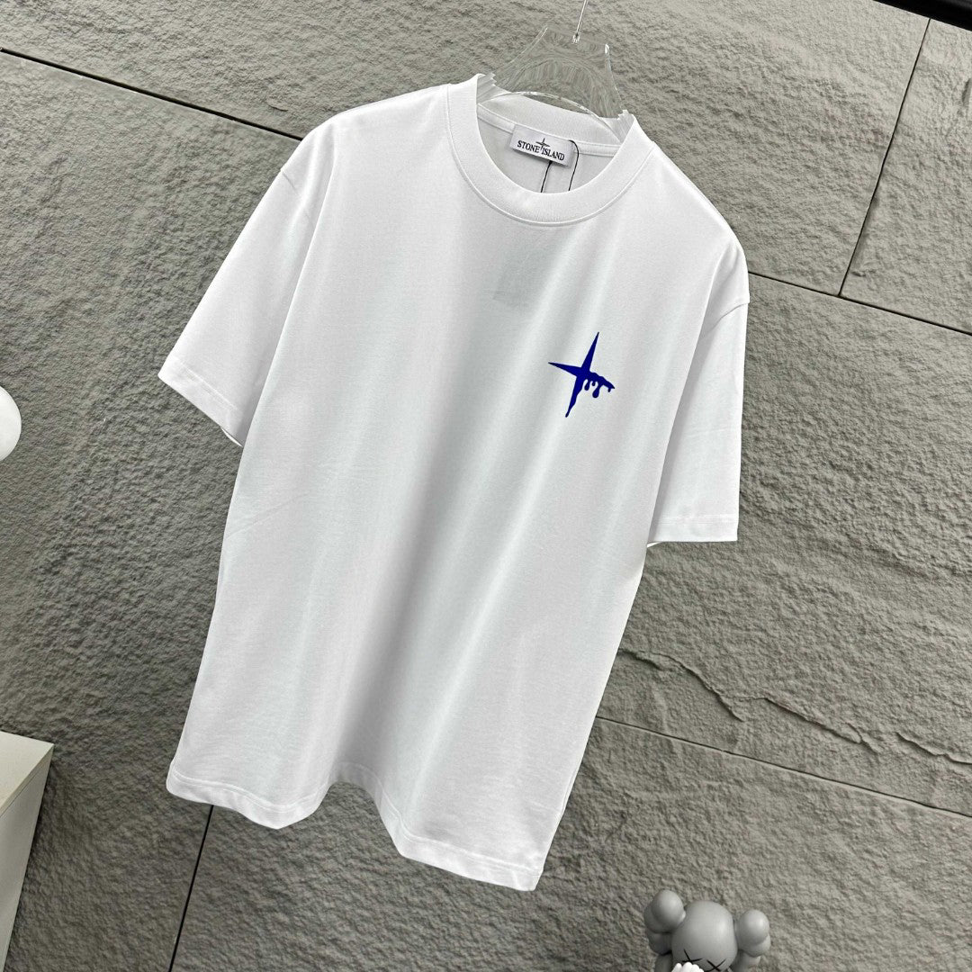 Stone Island Melting Compass Rose 3D Flock Print T-Shirt - Cobalt Blue Star at Chest, Oversized Melting Badge at Back