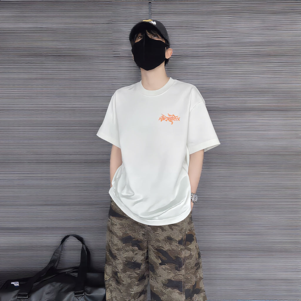 2026 Spring Summer Arc'teryx Washed Distressed T‑Shirt | Flocking Heat‑Press Chest Logo Unisex Tee