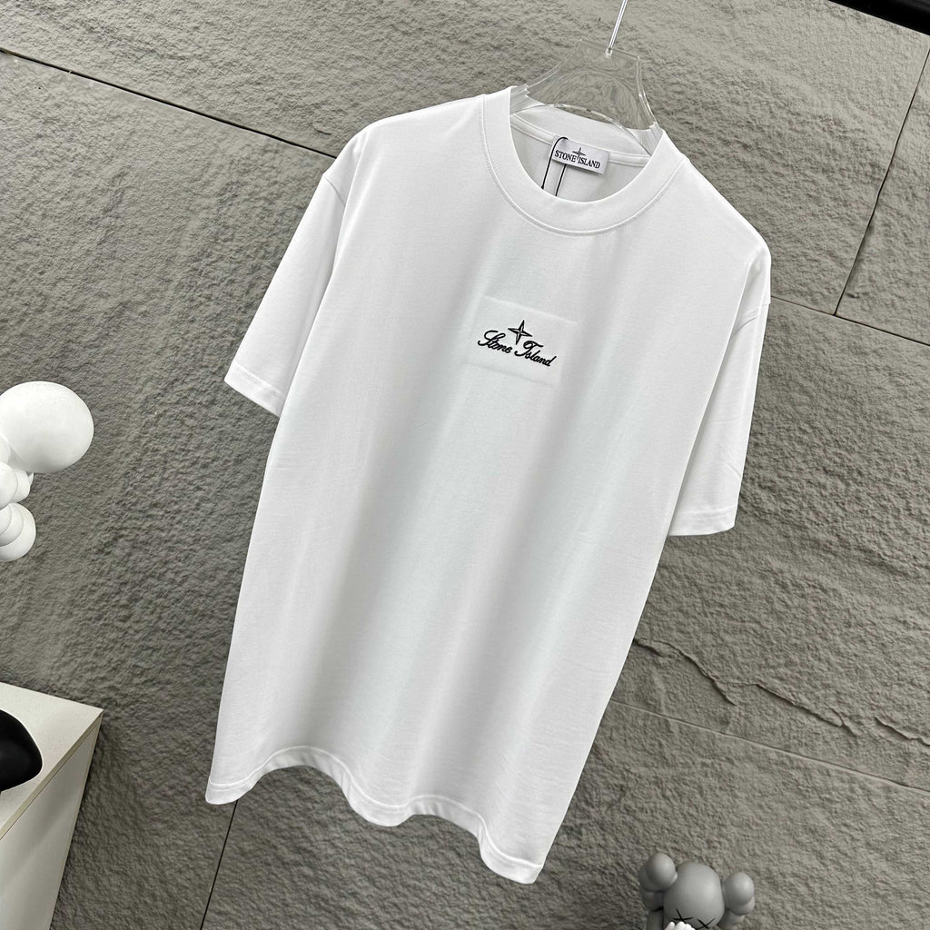 Stone Island Script Logo Embroidery T-Shirt with Dashed Geometric Lattice Back Print