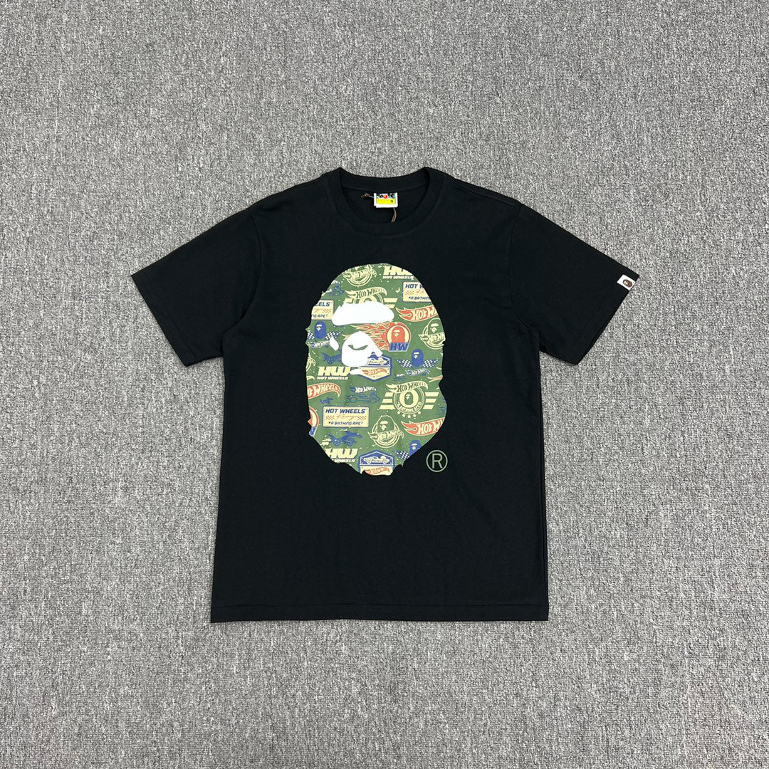 BAPE × Hot Wheels Collab Ape Head Sticker-Fill Badge Print Tee Oversized Unisex T-Shirt