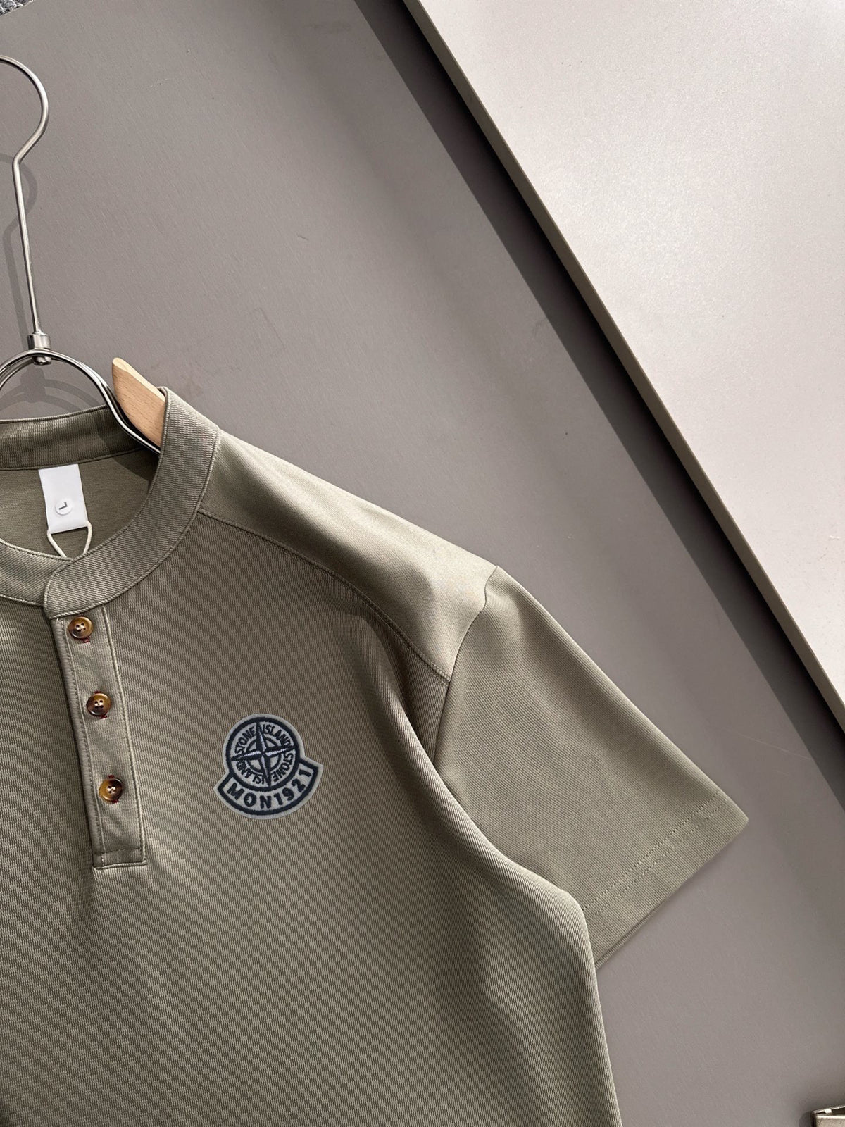 Moncler x Stone Island Structured Twill Henley-Collar Short Sleeve Top with Embroidered Compass Badge