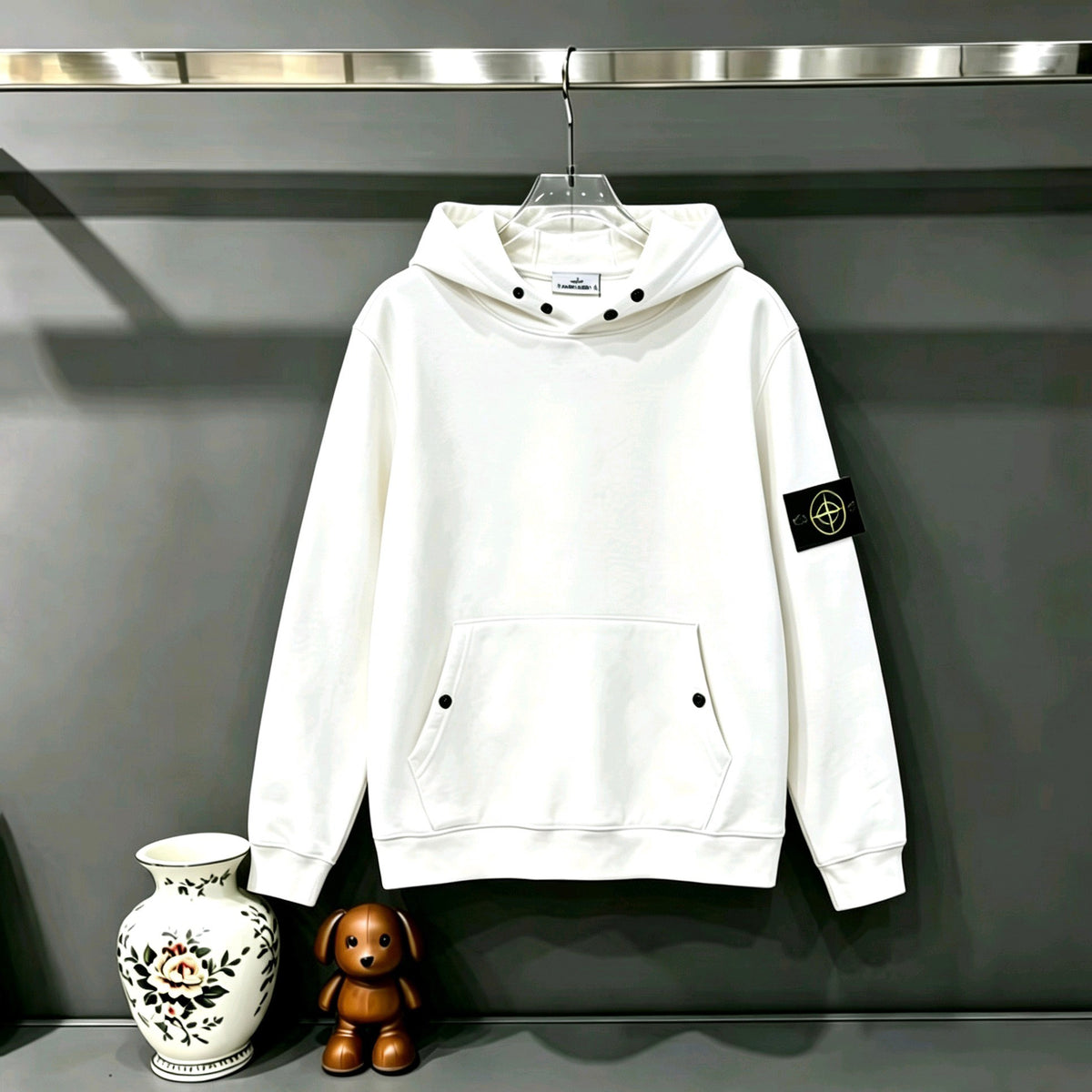 Stone Island Compass Badge Snap-Detail Pullover Hoodie Sweatshirt