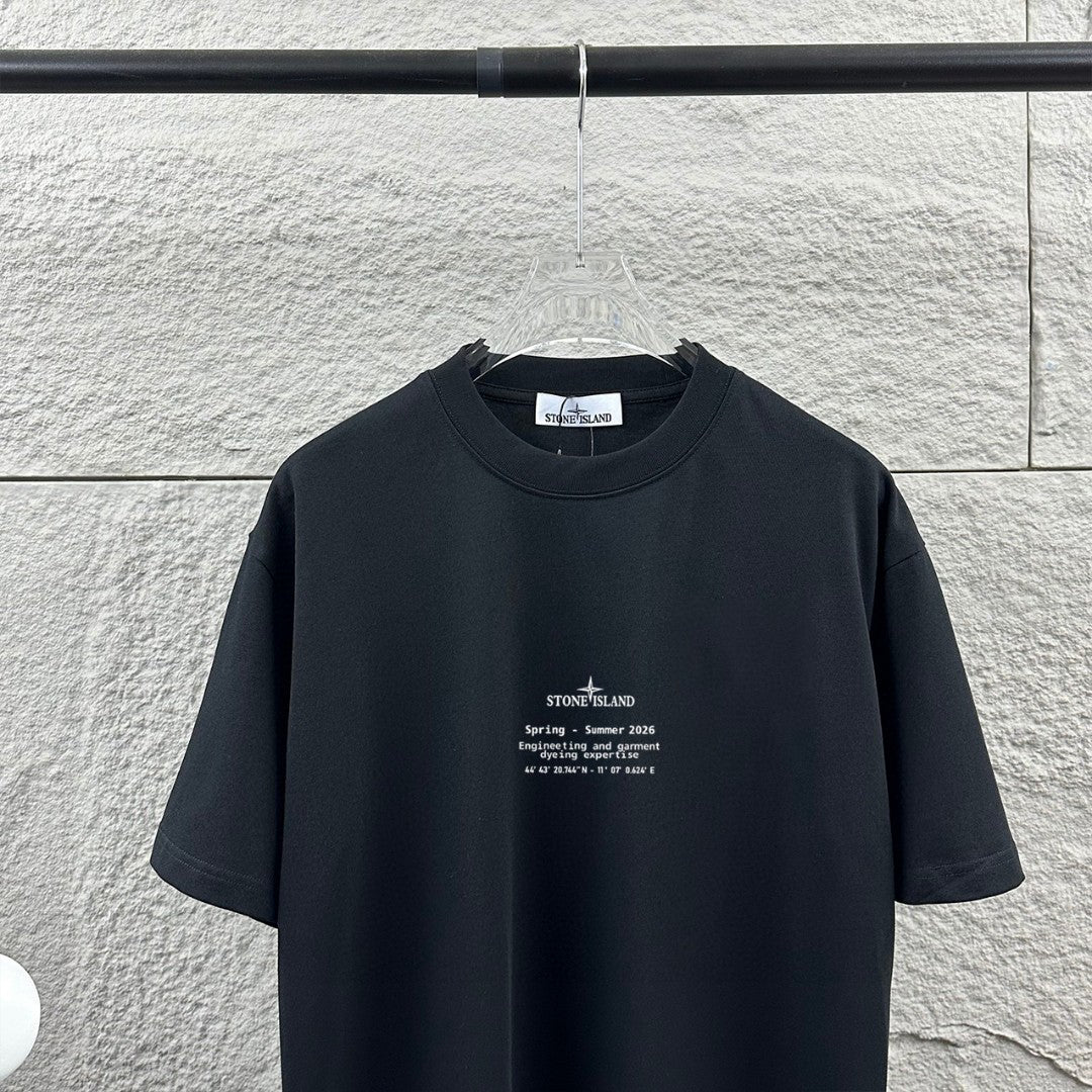 Stone Island Spring–Summer 2026 Distressed Compass Rose Heat-Transfer Print T-Shirt - Front Text Stack, Oversized Back Badge