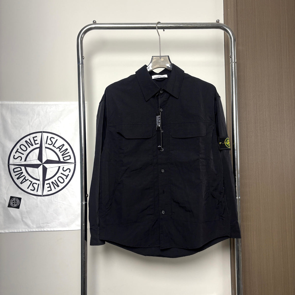 Stone Island Crinkle Nylon Overshirt with Flap Chest Pockets and Compass Badge
