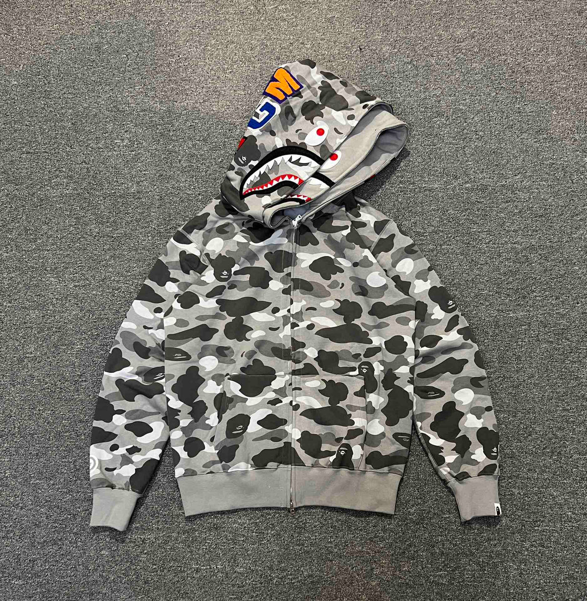 BAPE WGM Shark Full-Zip Double Hood Hoodie — City Camo Gray / Forest Green ABC Camo