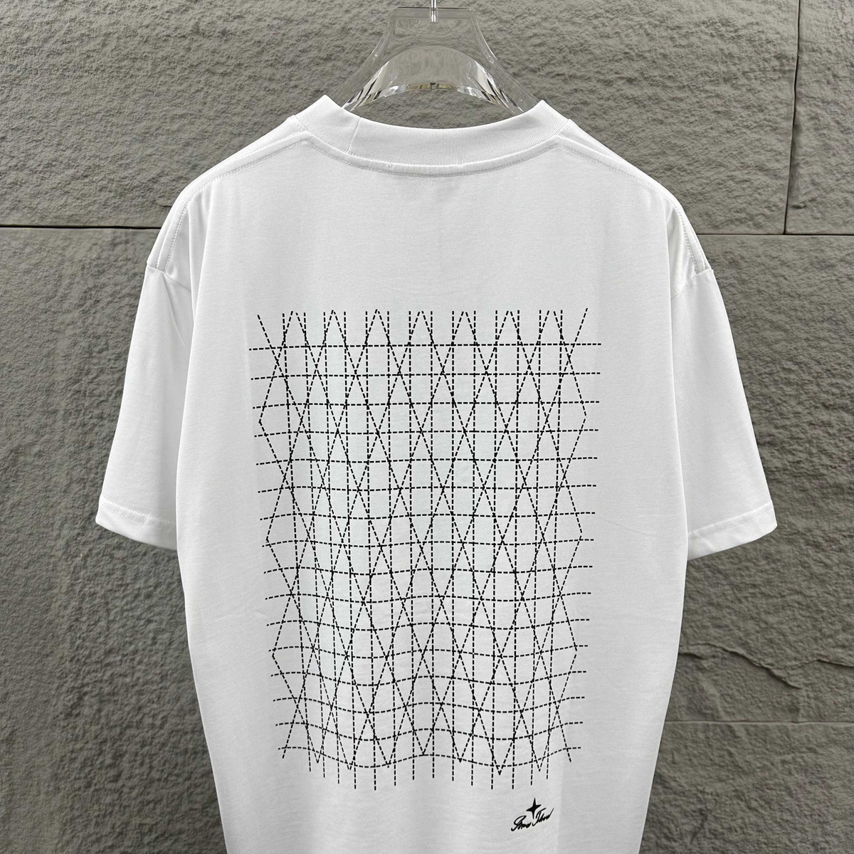 Stone Island Script Logo Embroidery T-Shirt with Dashed Geometric Lattice Back Print