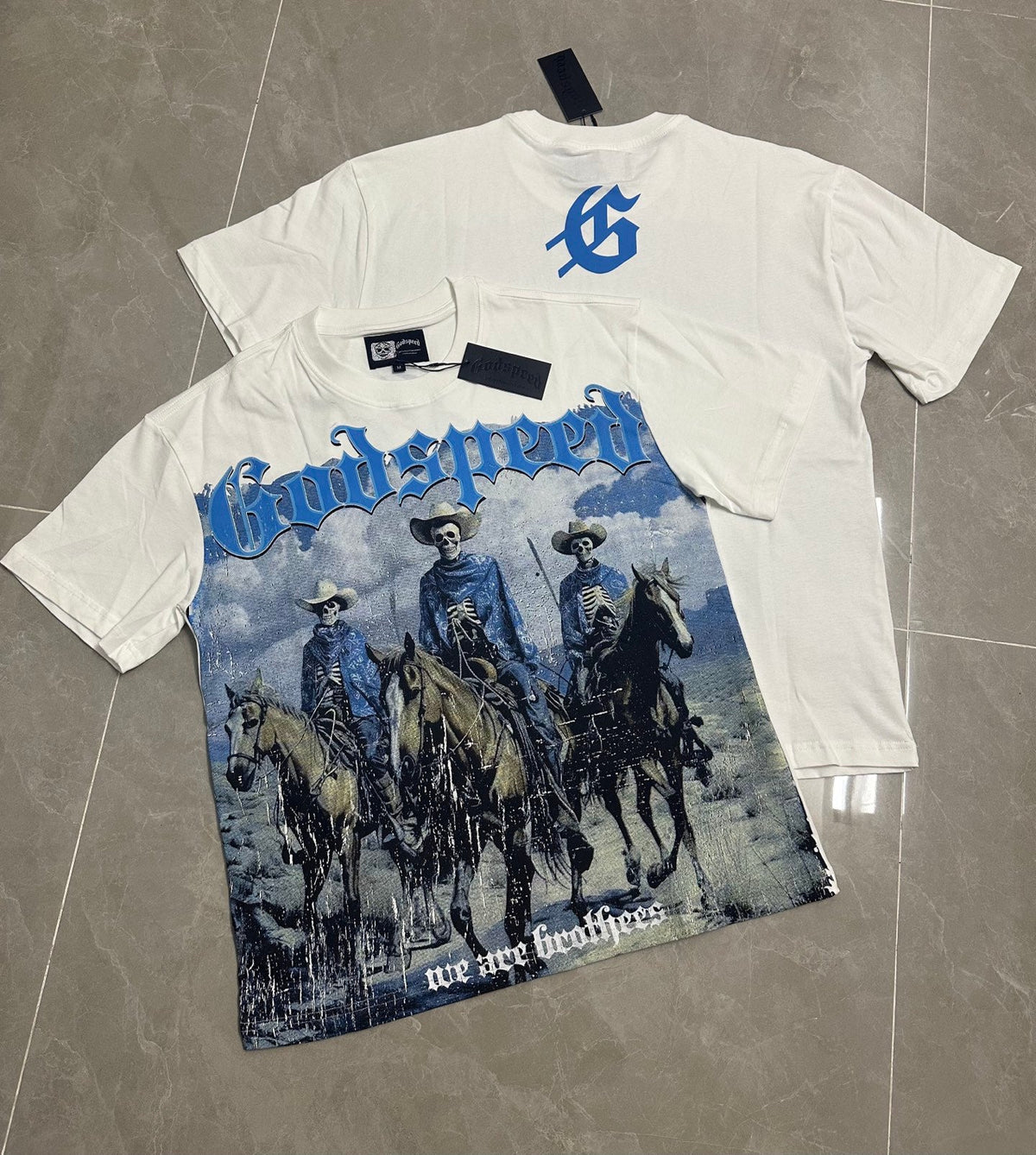 Godspeed Wild West Skeleton Cowboy Riders Short‑Sleeve Tee (White)