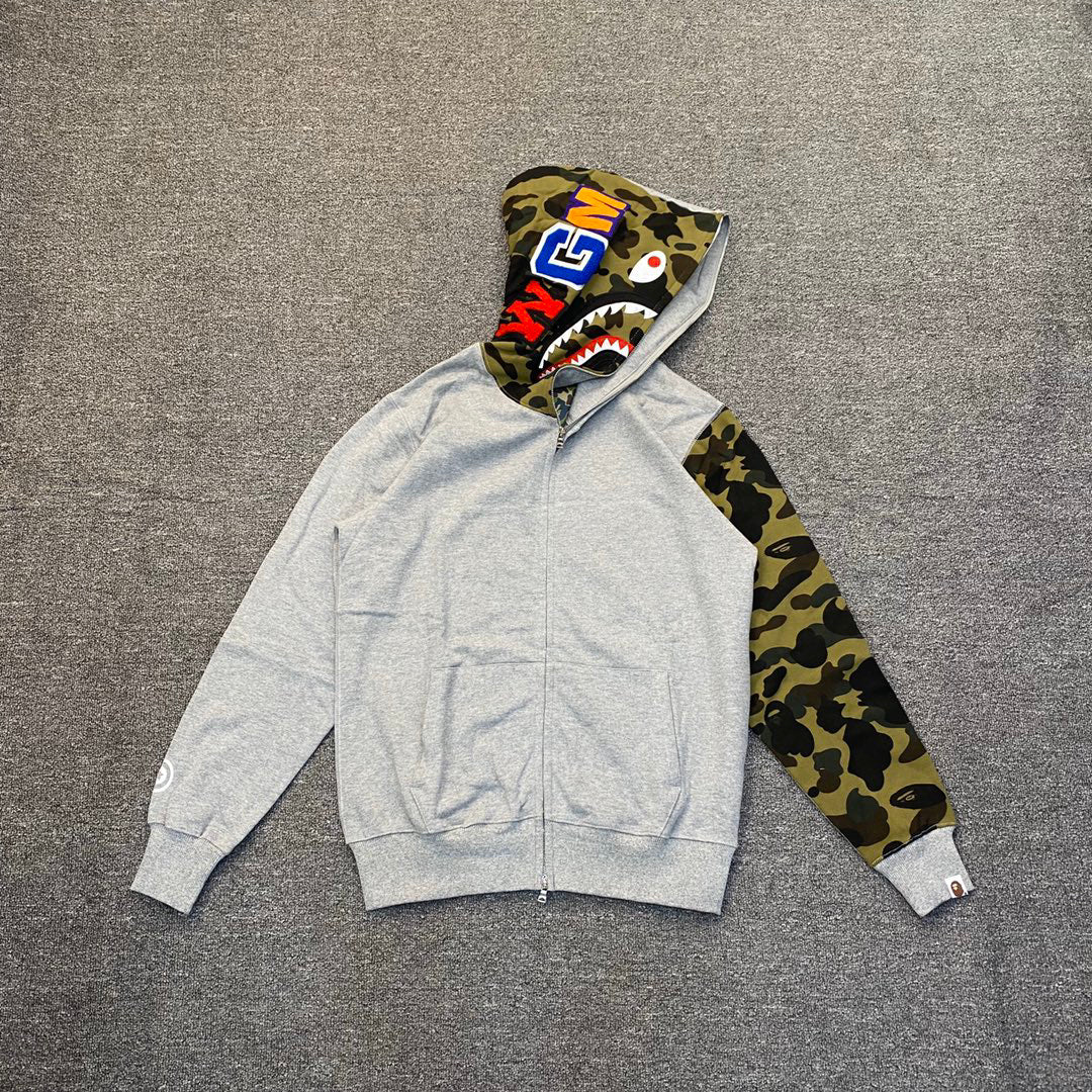 BAPE WGM Shark Full-Zip Hoodie Woodland Camo Hood + Sleeve - Black / Gray