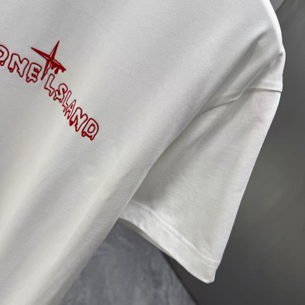 Stone Island Spring–Summer 2026 T-Shirt — Flock-Print Bubble Letter Logo, Compass Star Centre Chest