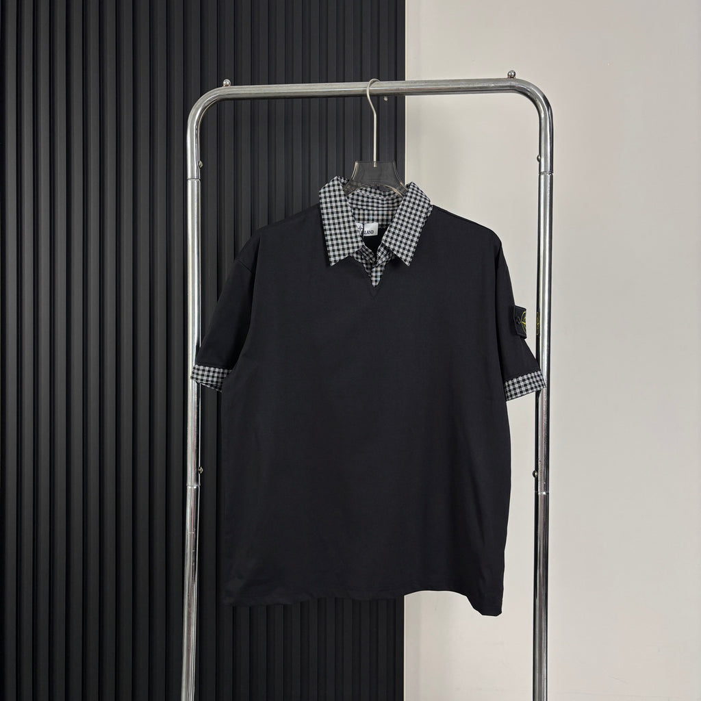 Stone Island Faux Two-Piece Short Sleeve Top with Gingham Collar