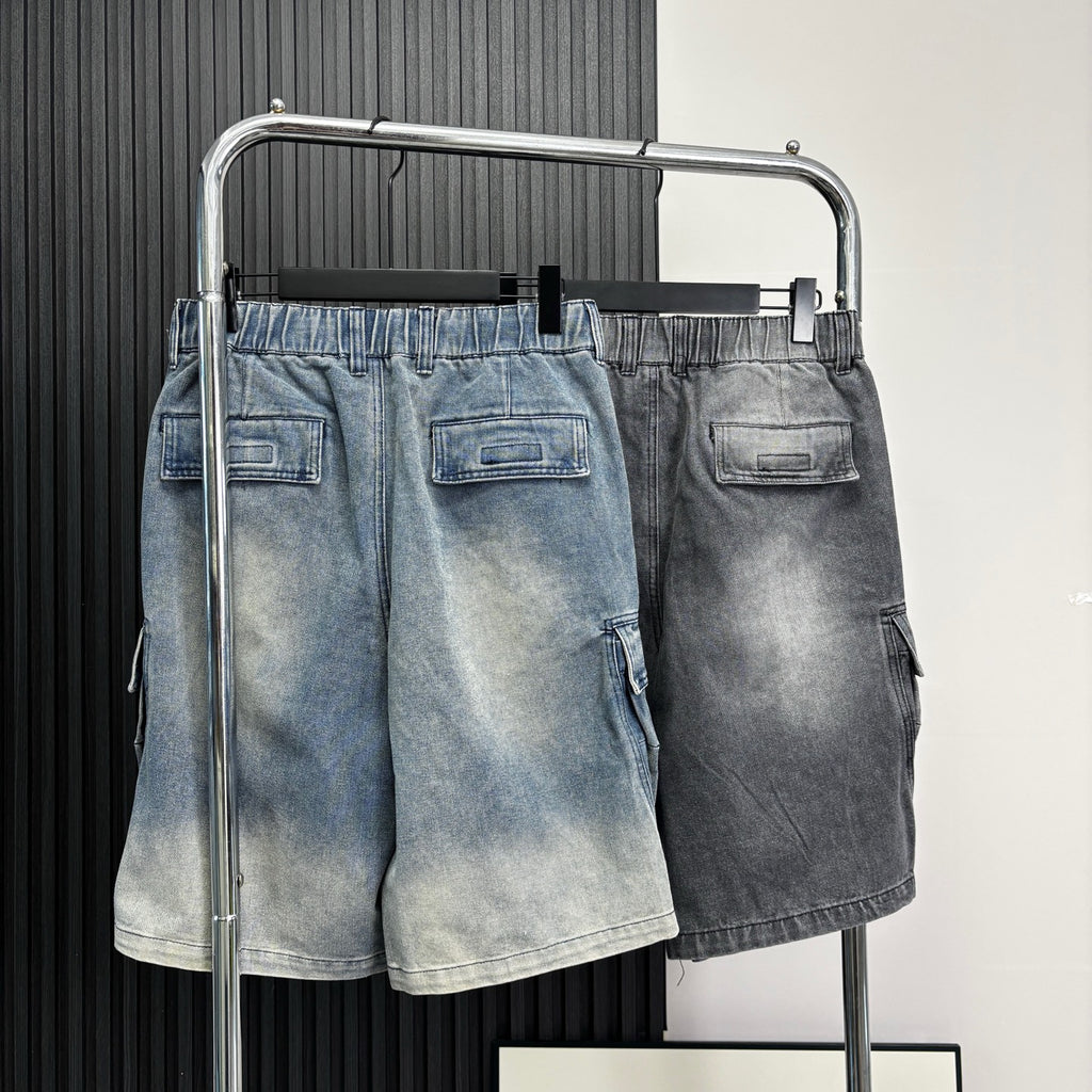 Stone Island Washed Denim Cargo Shorts with Front Patch Pockets and Compass Badge