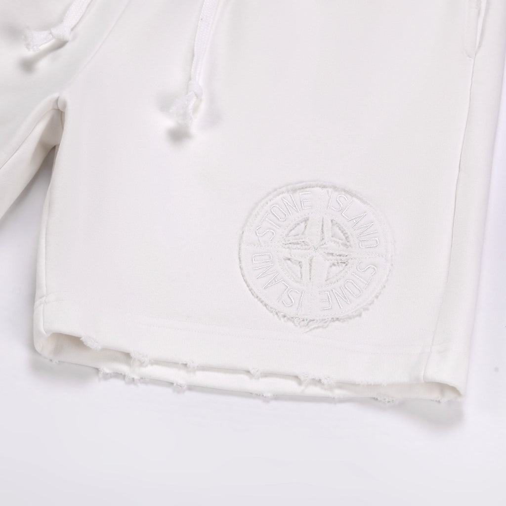 Stone Island Washed Cotton Fleece Shorts with Tonal Embroidered Compass Badge and Raw Cut Hem
