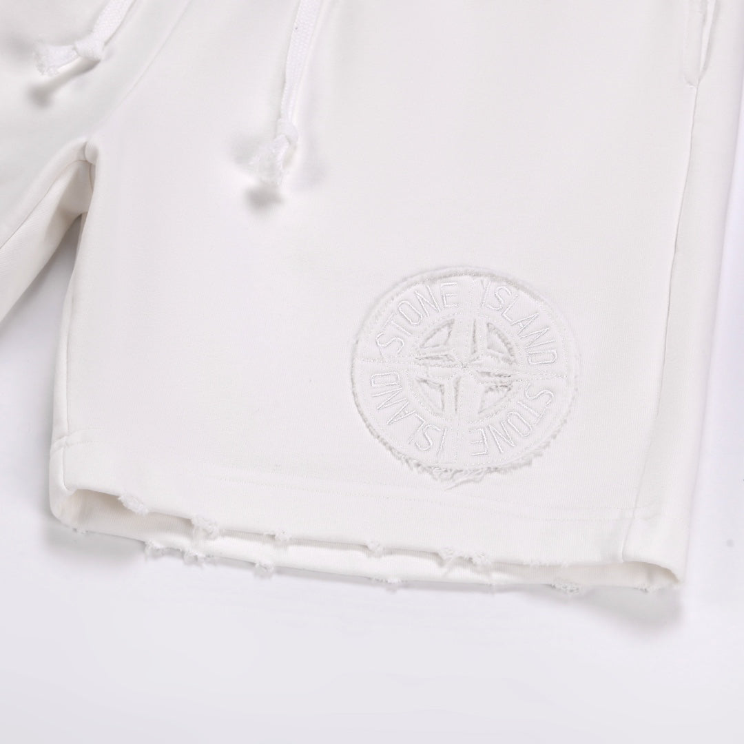 Stone Island Washed Cotton Fleece Shorts with Tonal Embroidered Compass Badge and Raw Cut Hem