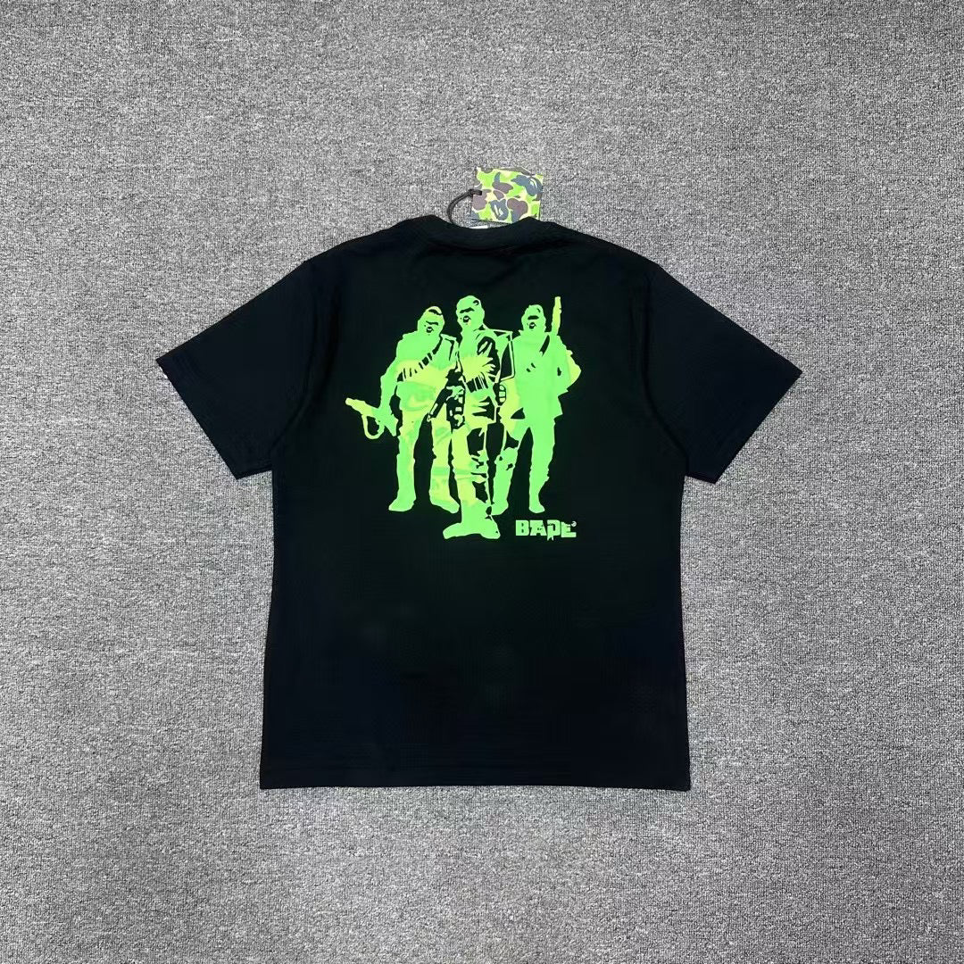 BAPE SS25 Ape Head Interlocking Distressed Block Logo & Neon Green Army Squad Back Print Oversized Heavyweight Unisex T-Shirt
