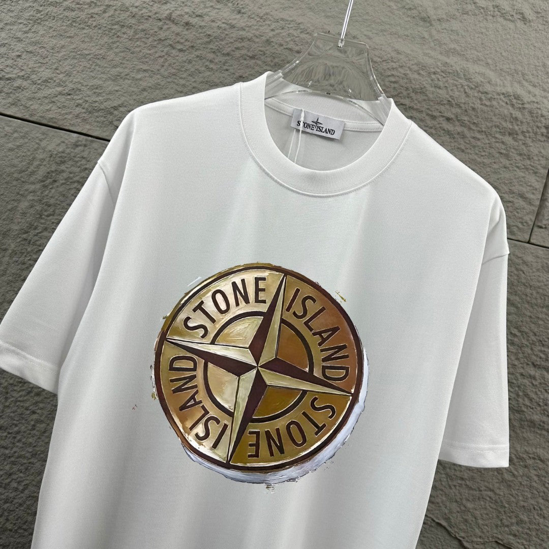 Stone Island Spring–Summer 2026 T-Shirt - Hyper-Realistic Bronze Compass Badge at Centre Chest, Plain Back