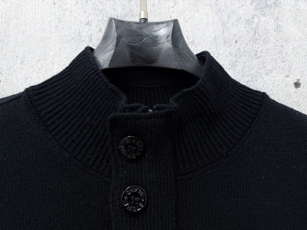 Stone Island Wool Knit Half-Button Mock Neck Sweater with Compass Badge on Sleeve