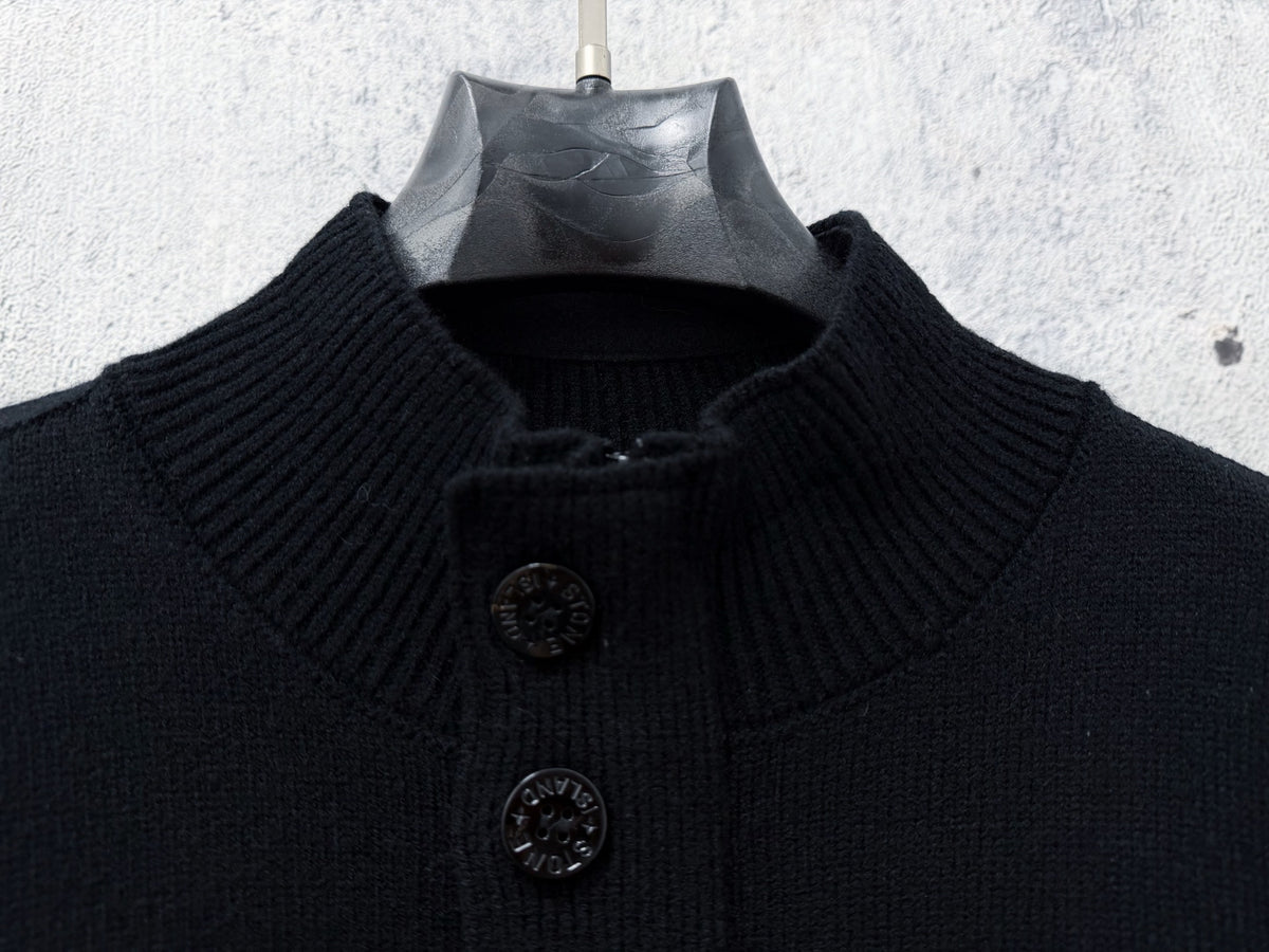 Stone Island Wool Knit Half-Button Mock Neck Sweater with Compass Badge on Sleeve