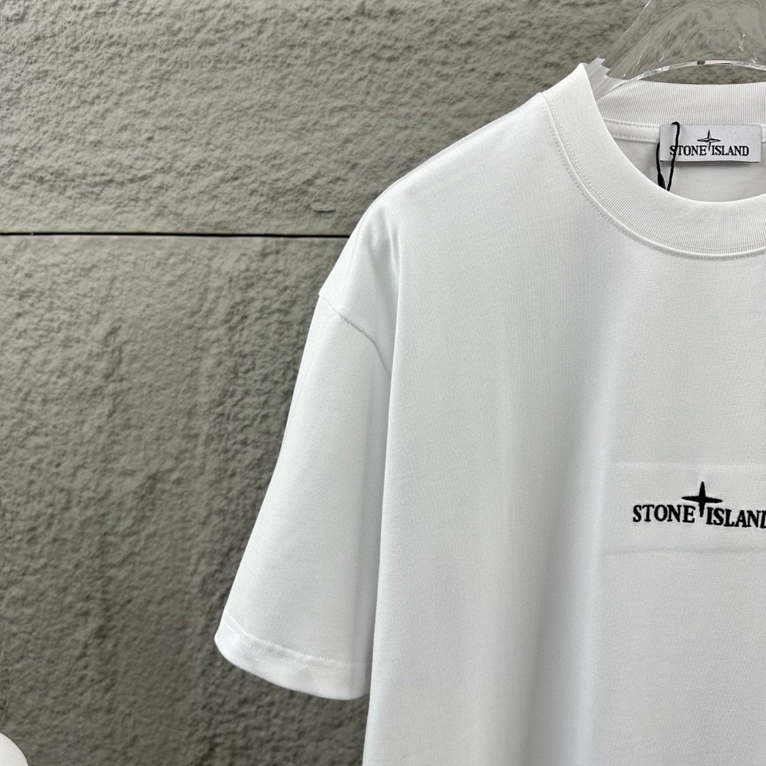 Stone Island Compass Star All-Caps Logo Embroidery T-Shirt - Front Chest and Upper Back Dual Placement