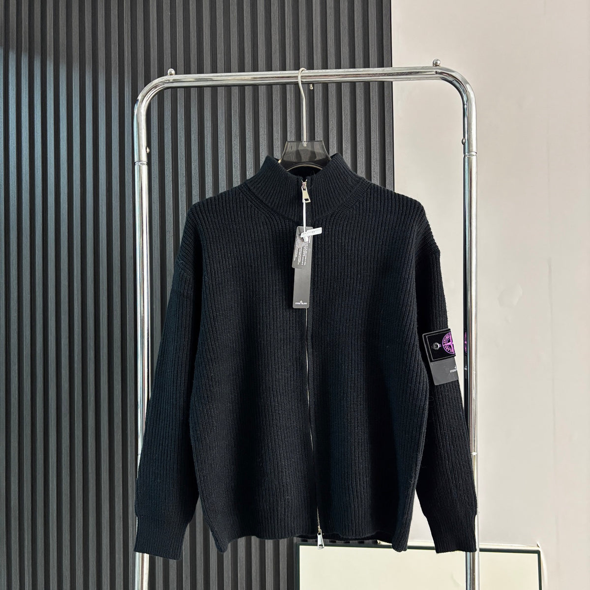 Stone Island Chunky-Rib Full-Zip Knit Cardigan with Compass Badge