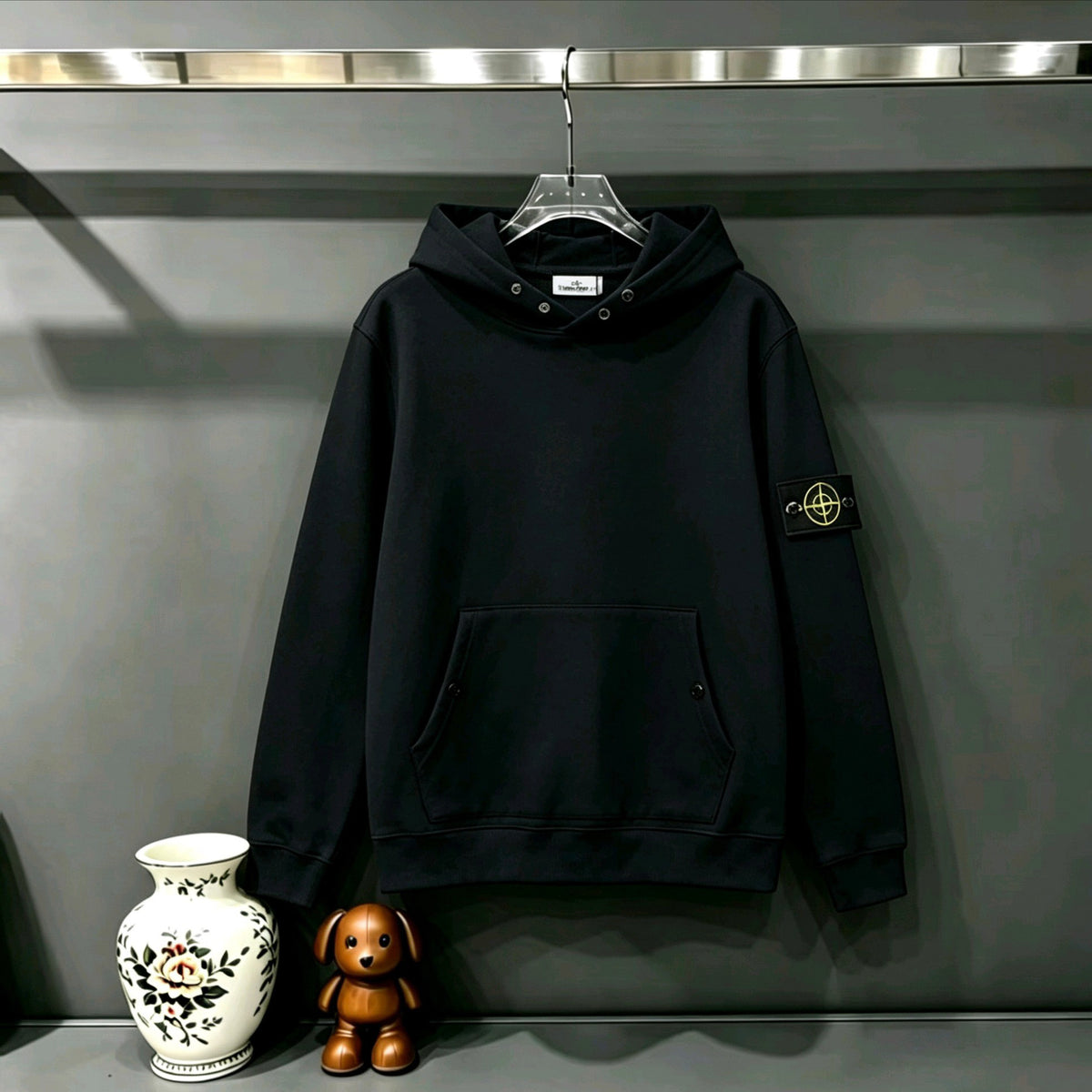 Stone Island Compass Badge Snap-Detail Pullover Hoodie Sweatshirt