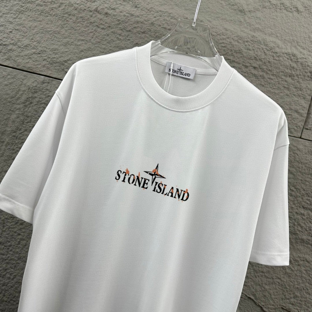 Stone Island Spring–Summer 2026 T-Shirt - Flame-Tipped Compass Star at Chest, Distressed Oversized Badge at Back