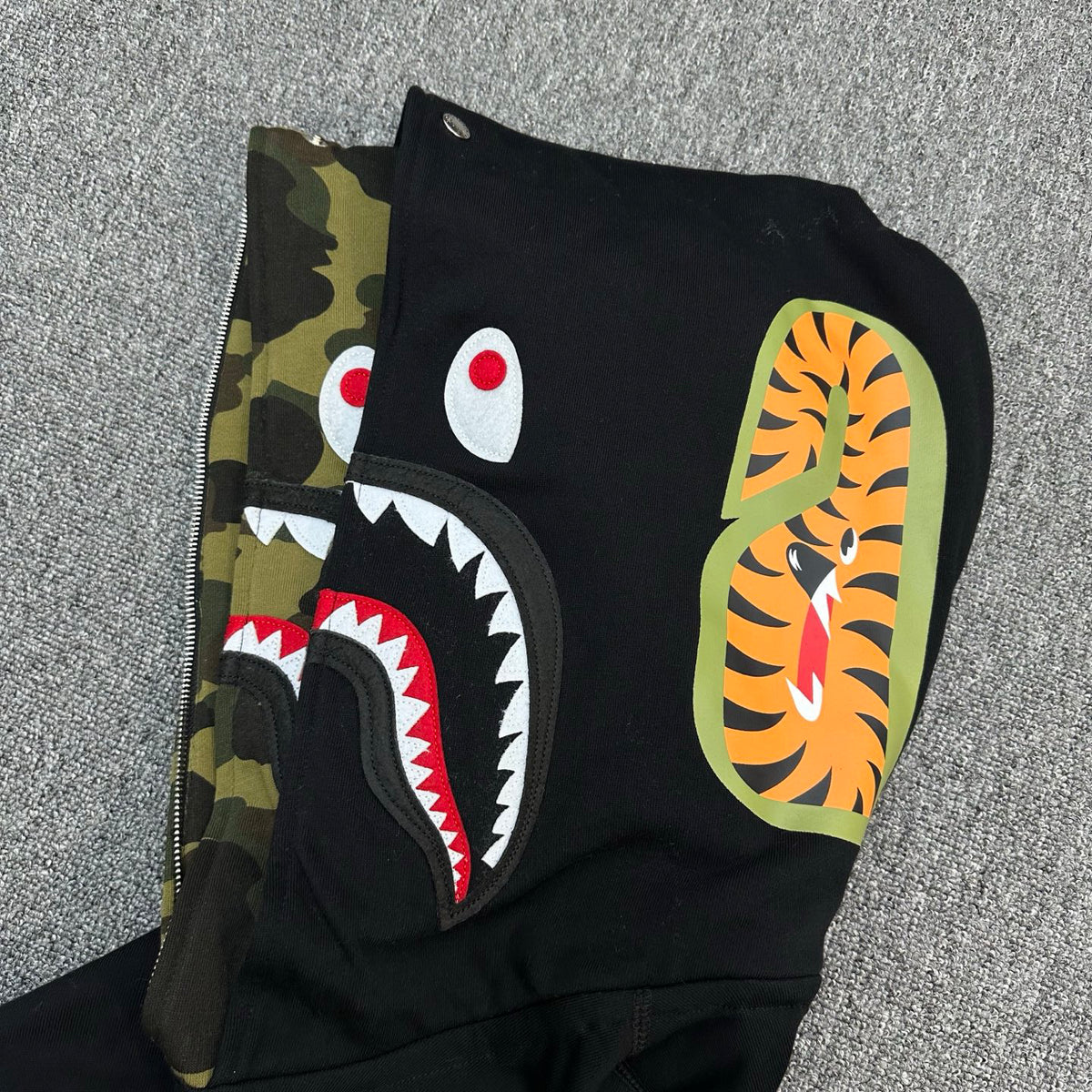 BAPE SS25 Shark Full-Zip Double Hood Hoodie — Color-Block Camo