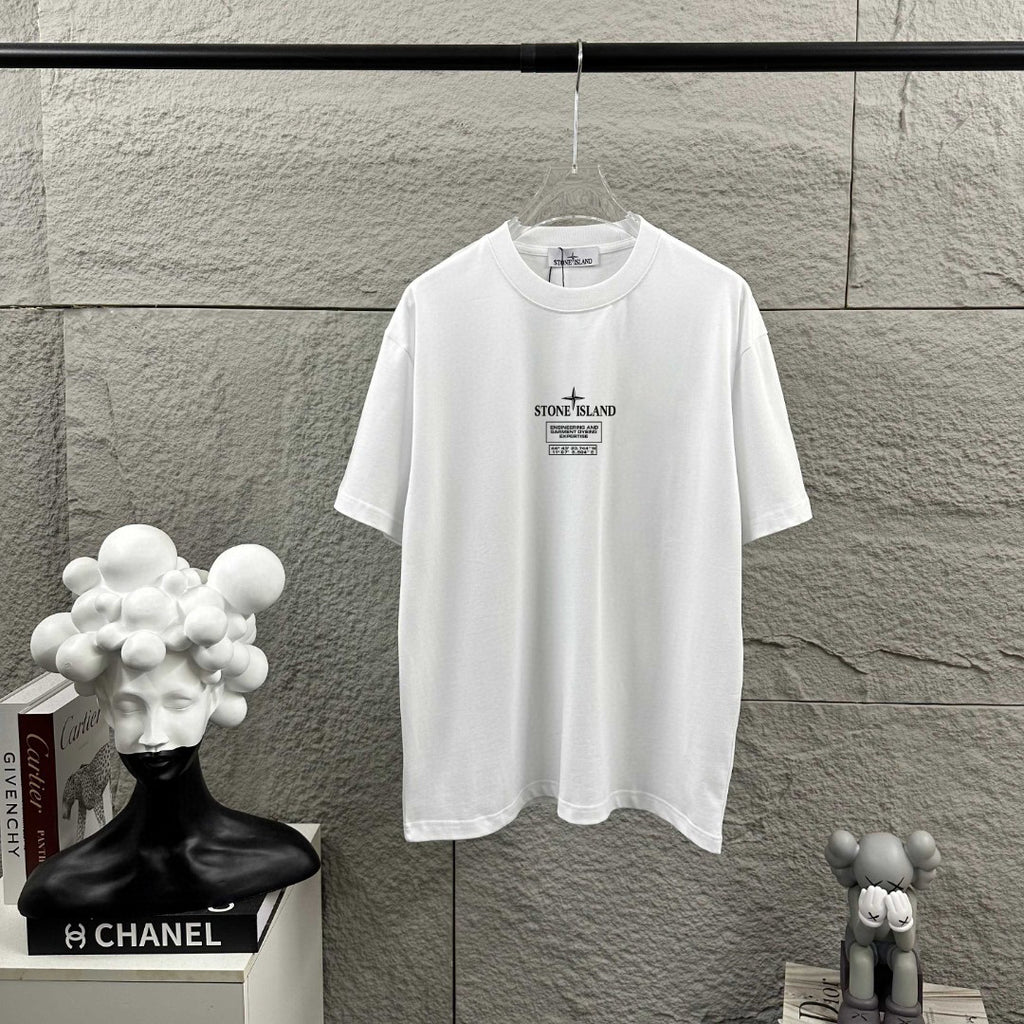 Stone Island Engineering and Garment Dyeing Expertise Heat-Transfer Print T-Shirt - Compass Badge Back, Coordinates Front