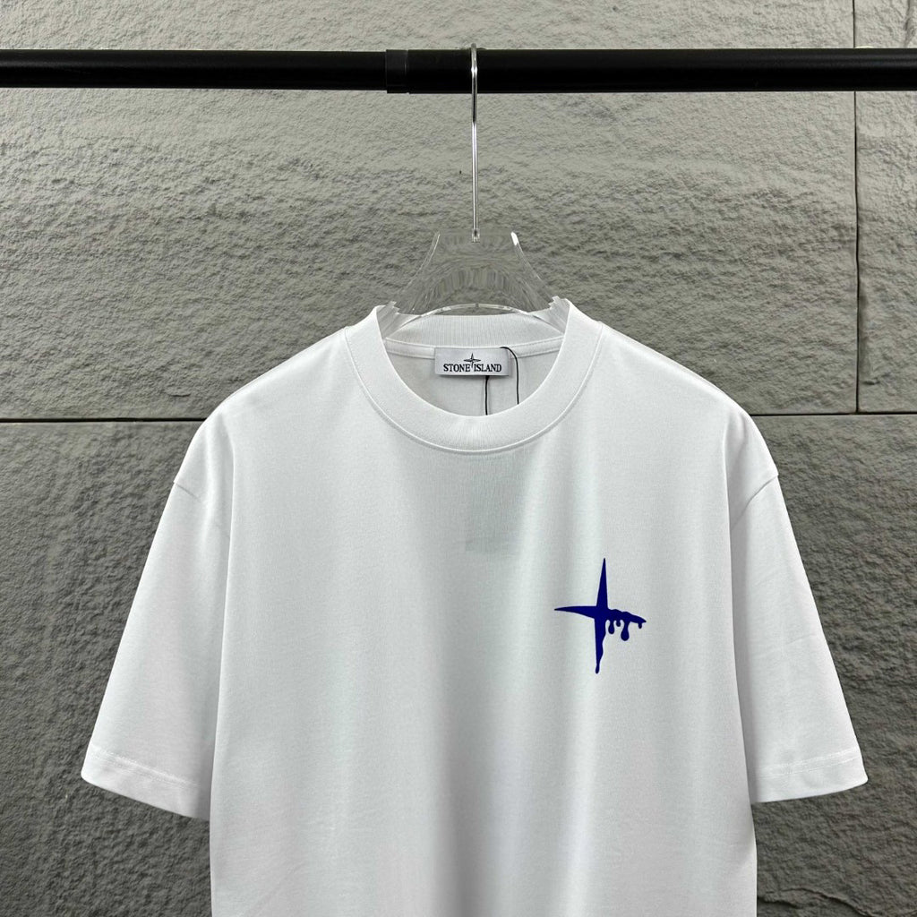 Stone Island Melting Compass Rose 3D Flock Print T-Shirt - Cobalt Blue Star at Chest, Oversized Melting Badge at Back