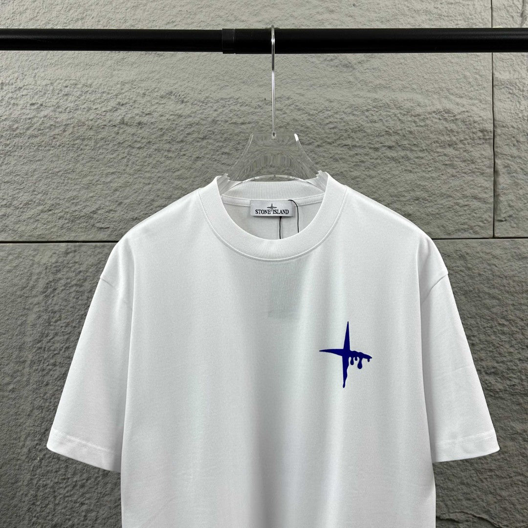 Stone Island Melting Compass Rose 3D Flock Print T-Shirt - Cobalt Blue Star at Chest, Oversized Melting Badge at Back
