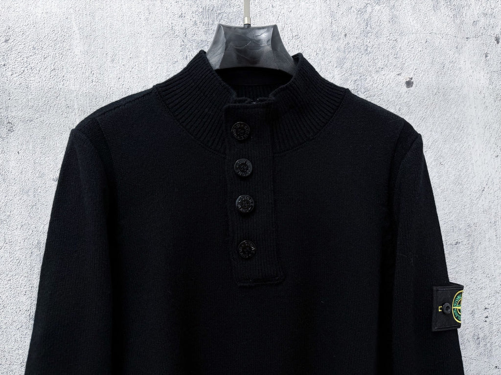 Stone Island Wool Knit Half-Button Mock Neck Sweater with Compass Badge on Sleeve