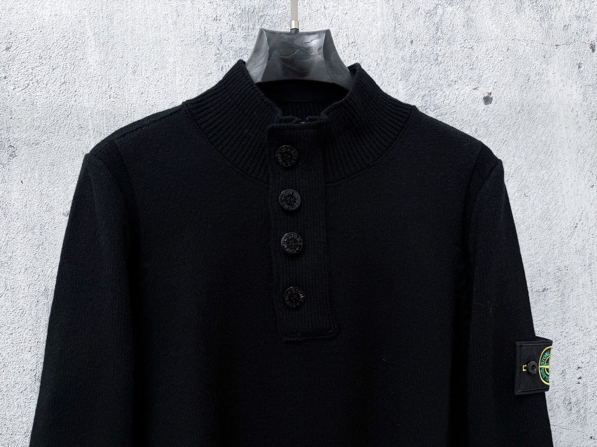 Stone Island Wool Knit Half-Button Mock Neck Sweater with Compass Badge on Sleeve