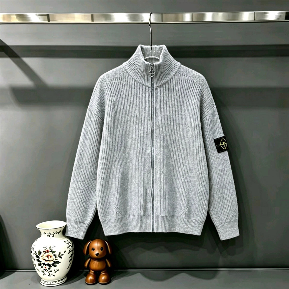 Stone Island Full-Zip Turtleneck Chunky Rib Knit Jacket