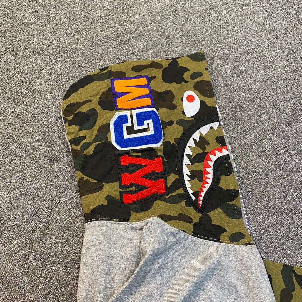 BAPE WGM Shark Full-Zip Hoodie Woodland Camo Hood + Sleeve - Black / Gray