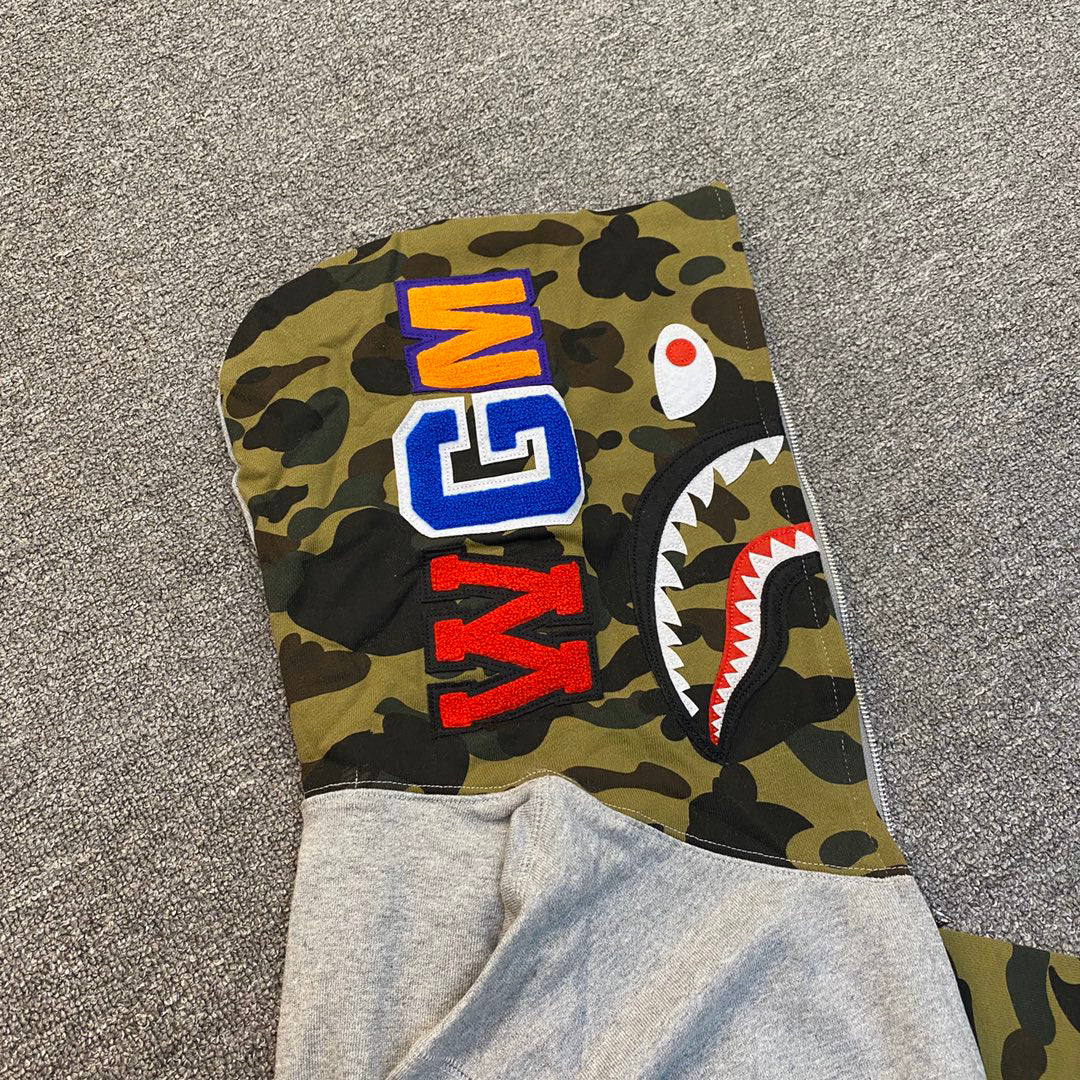 BAPE WGM Shark Full-Zip Hoodie Woodland Camo Hood + Sleeve - Black / Gray