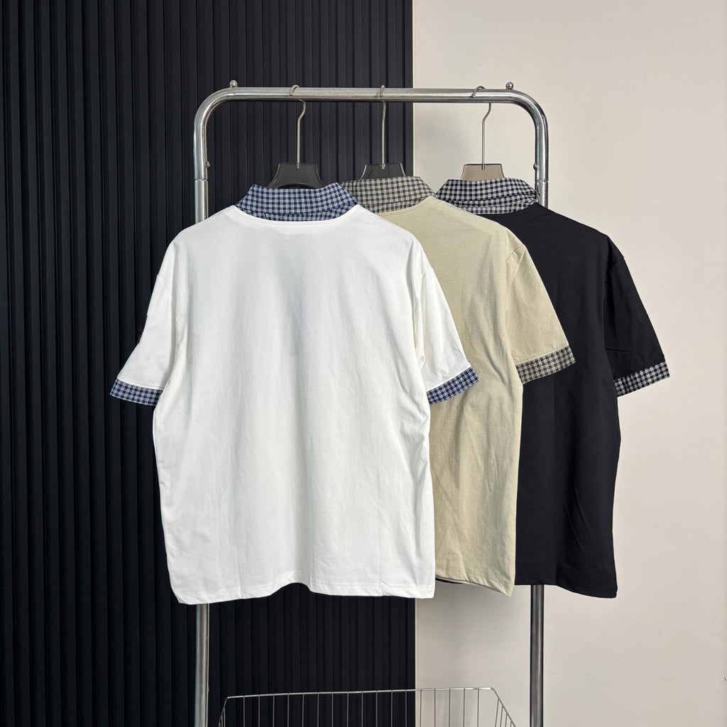 Stone Island Faux Two-Piece Short Sleeve Top with Gingham Collar