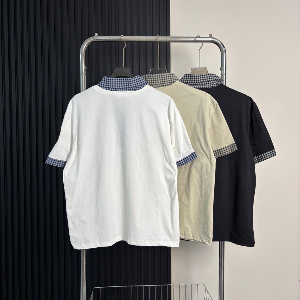 Stone Island Faux Two-Piece Short Sleeve Top with Gingham Collar