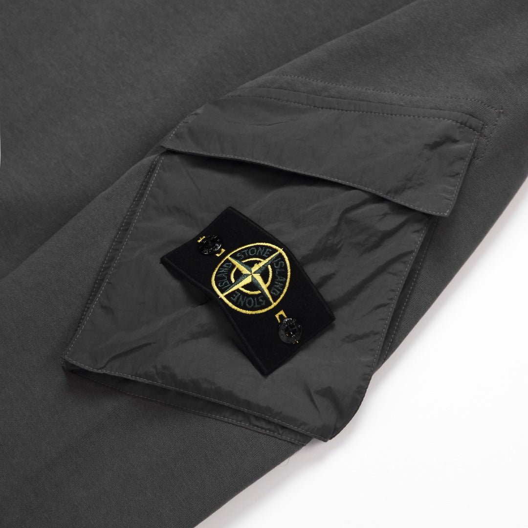Stone Island Cotton Crew Neck Sweatshirt with Bilateral Sleeve Open Cargo Pockets and Compass Badge