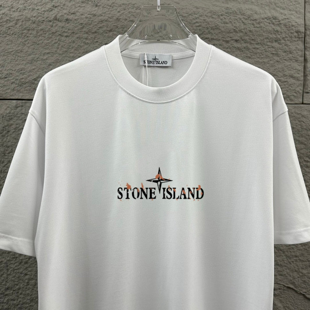 Stone Island Spring–Summer 2026 T-Shirt - Flame-Tipped Compass Star at Chest, Distressed Oversized Badge at Back