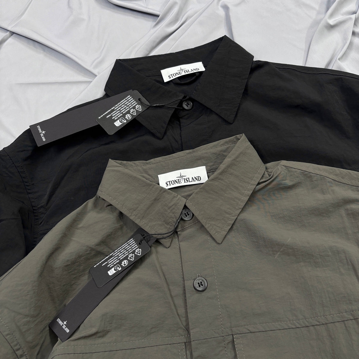 Stone Island Crinkle Nylon Overshirt with Flap Chest Pockets and Compass Badge