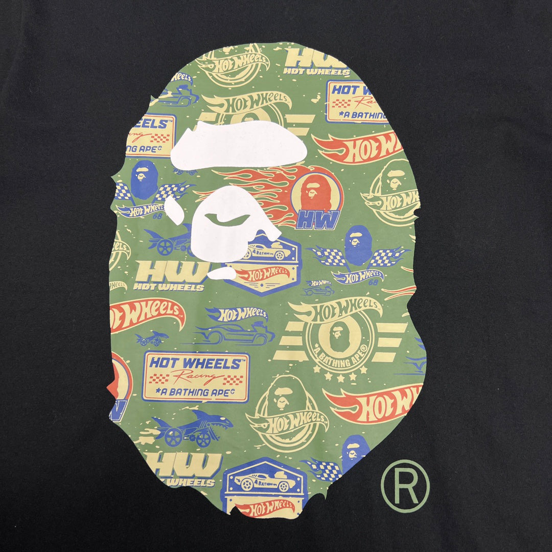 BAPE × Hot Wheels Collab Ape Head Sticker-Fill Badge Print Tee Oversized Unisex T-Shirt