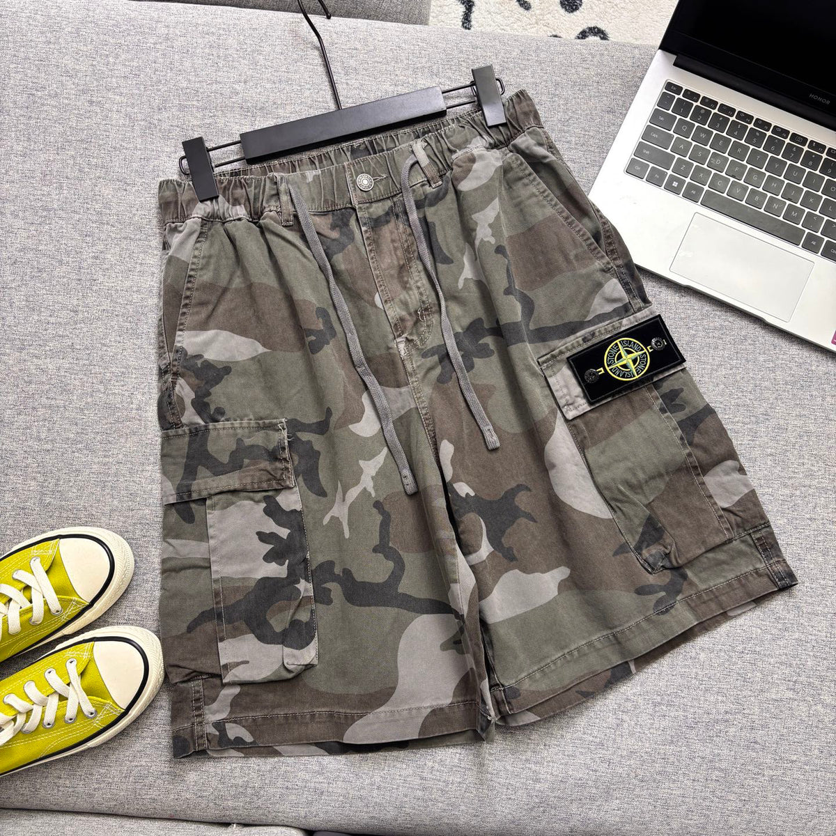 Stone Island Vintage Camouflage Cargo Shorts with Flap Pockets and Compass Badge
