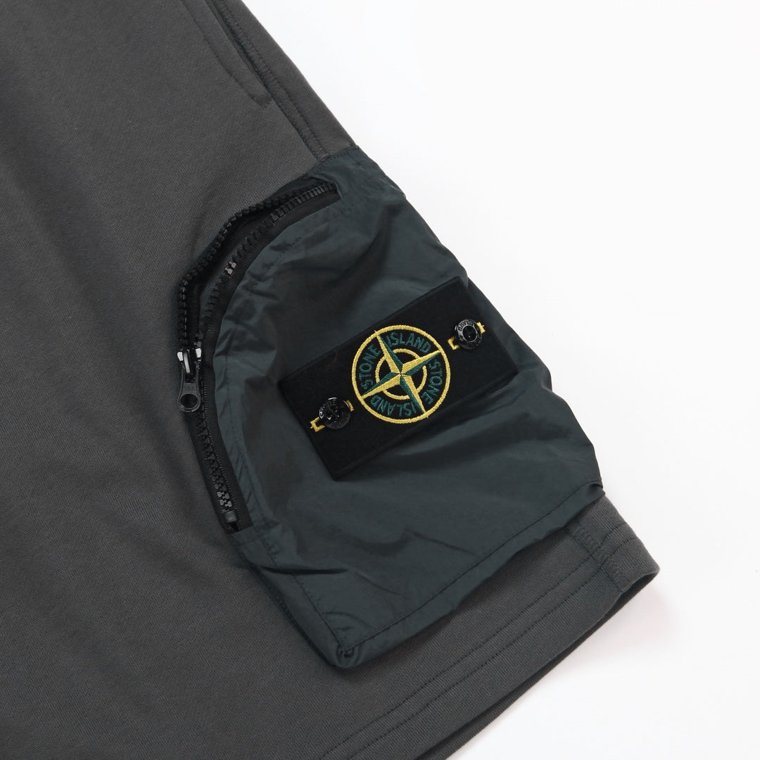 Stone Island Cotton Fleece Cargo Shorts with Nylon Cargo Pocket and Yellow-Green Compass Badge