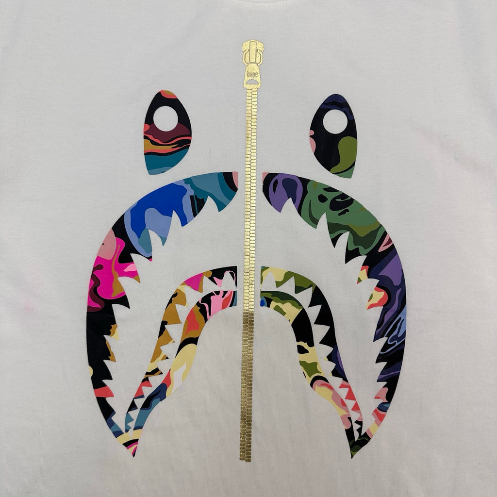 BAPE Art Camo Multicolor Patchwork Shark Face Zip Oversized Heavyweight Unisex T-Shirt