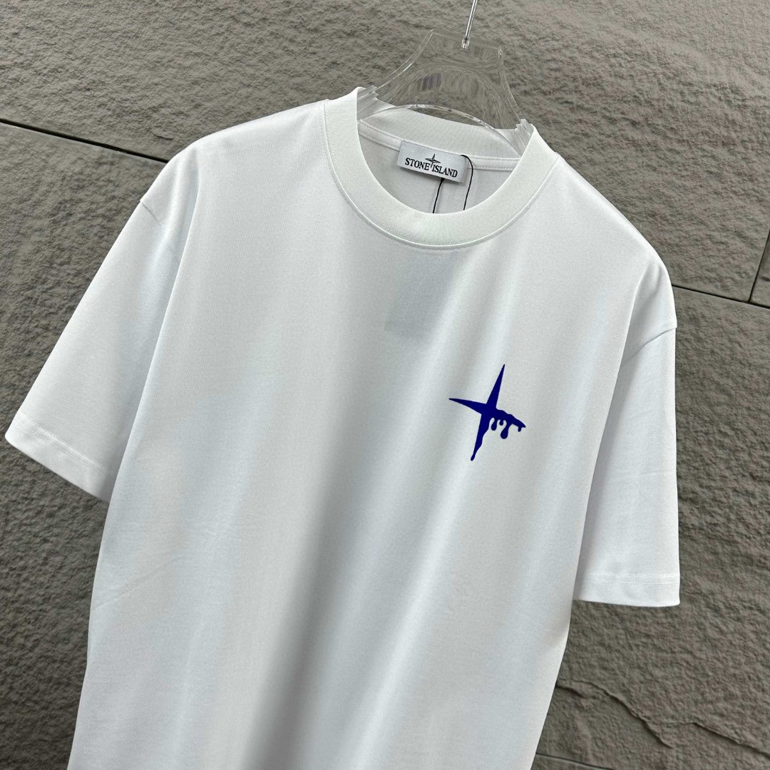 Stone Island Melting Compass Rose 3D Flock Print T-Shirt - Cobalt Blue Star at Chest, Oversized Melting Badge at Back