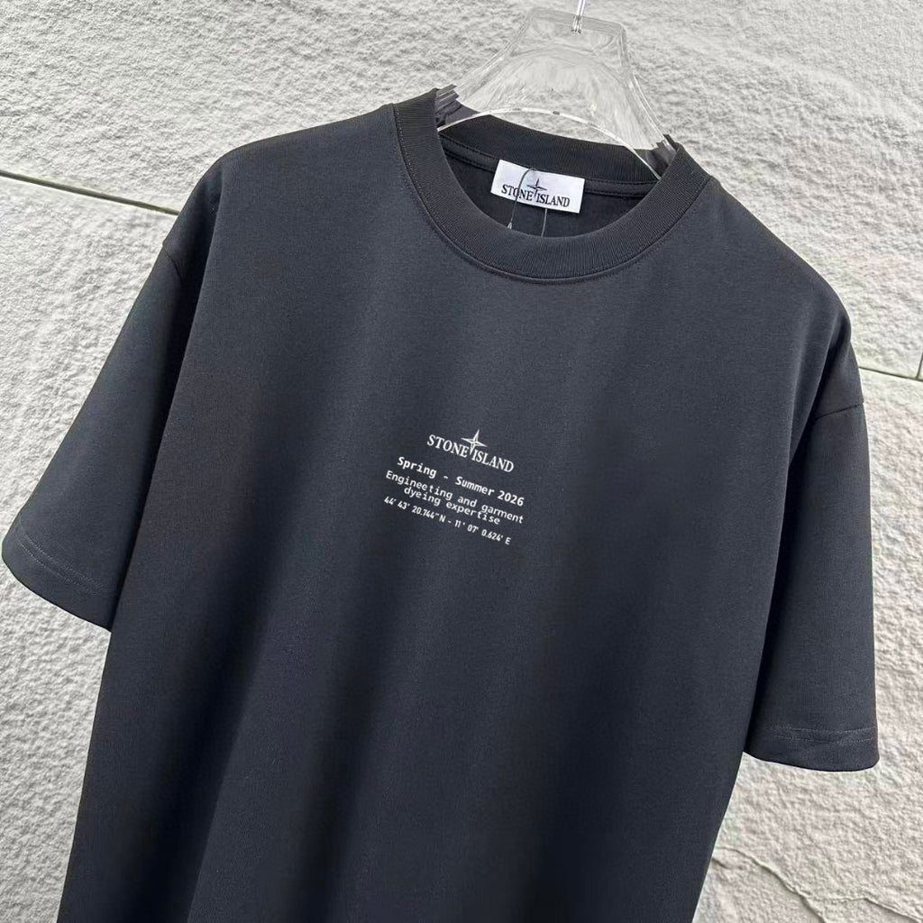 Stone Island Spring–Summer 2026 Distressed Compass Rose Heat-Transfer Print T-Shirt - Front Text Stack, Oversized Back Badge